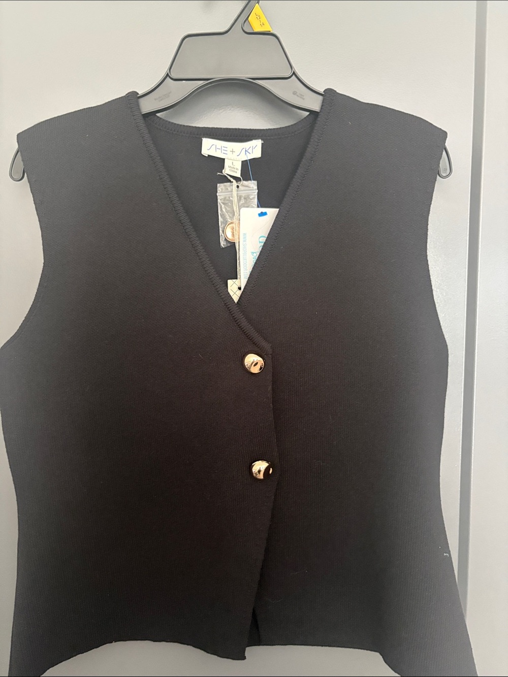 She + Sky Black V-Neck Sleeveless Knit Vest with Gold Buttons
